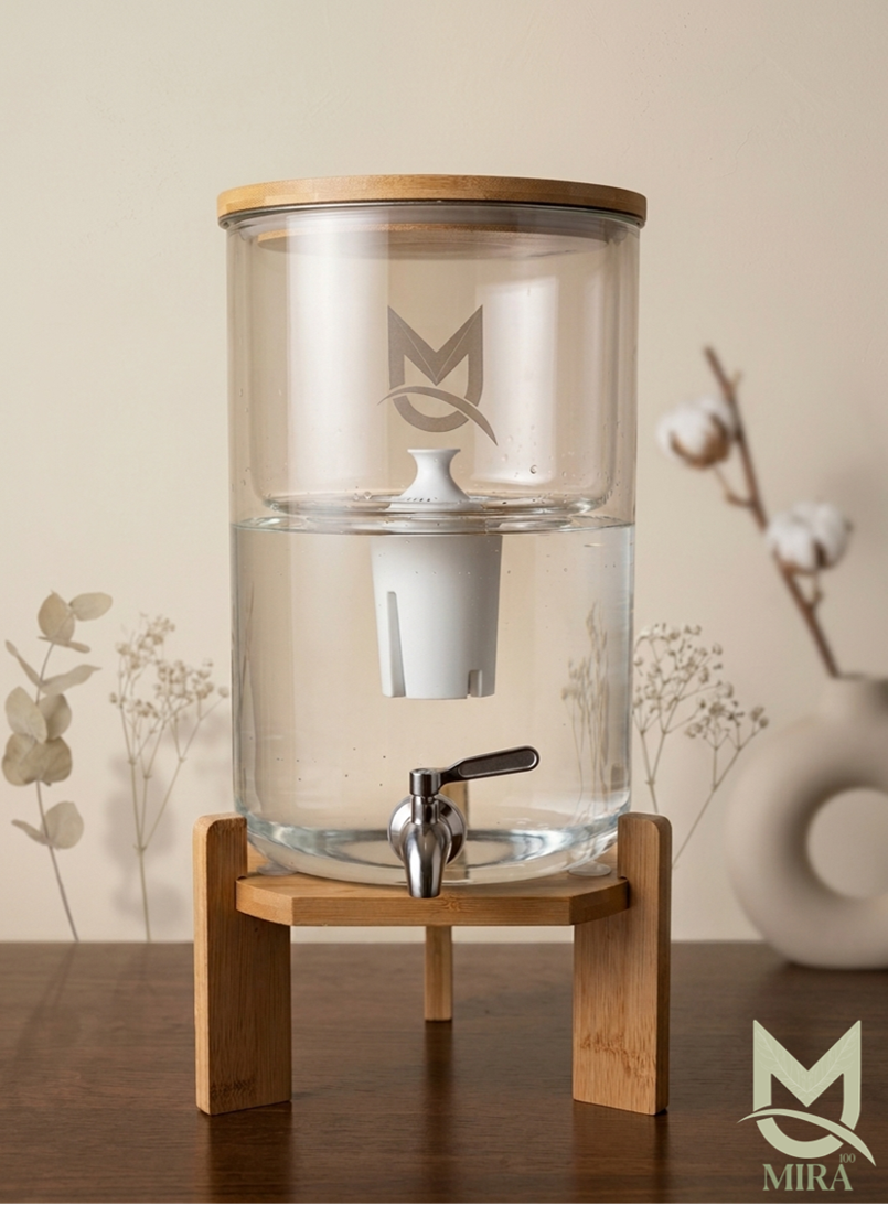 Mira100 8L glass alkaline water filter dispenser with bamboo stand — home water filtration system Australia